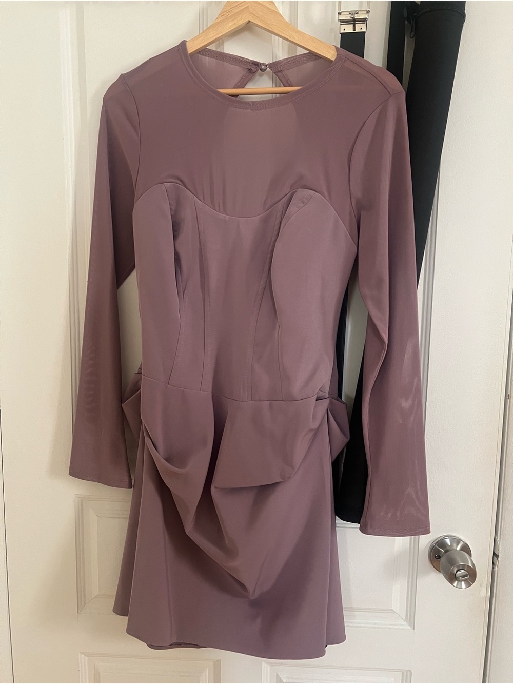 ASOS DESIGN corset detail mini dress with mesh sleeves in mauve